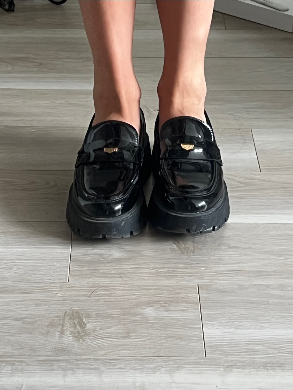 Zara Black Patent Platform Loafers with Gold Detail